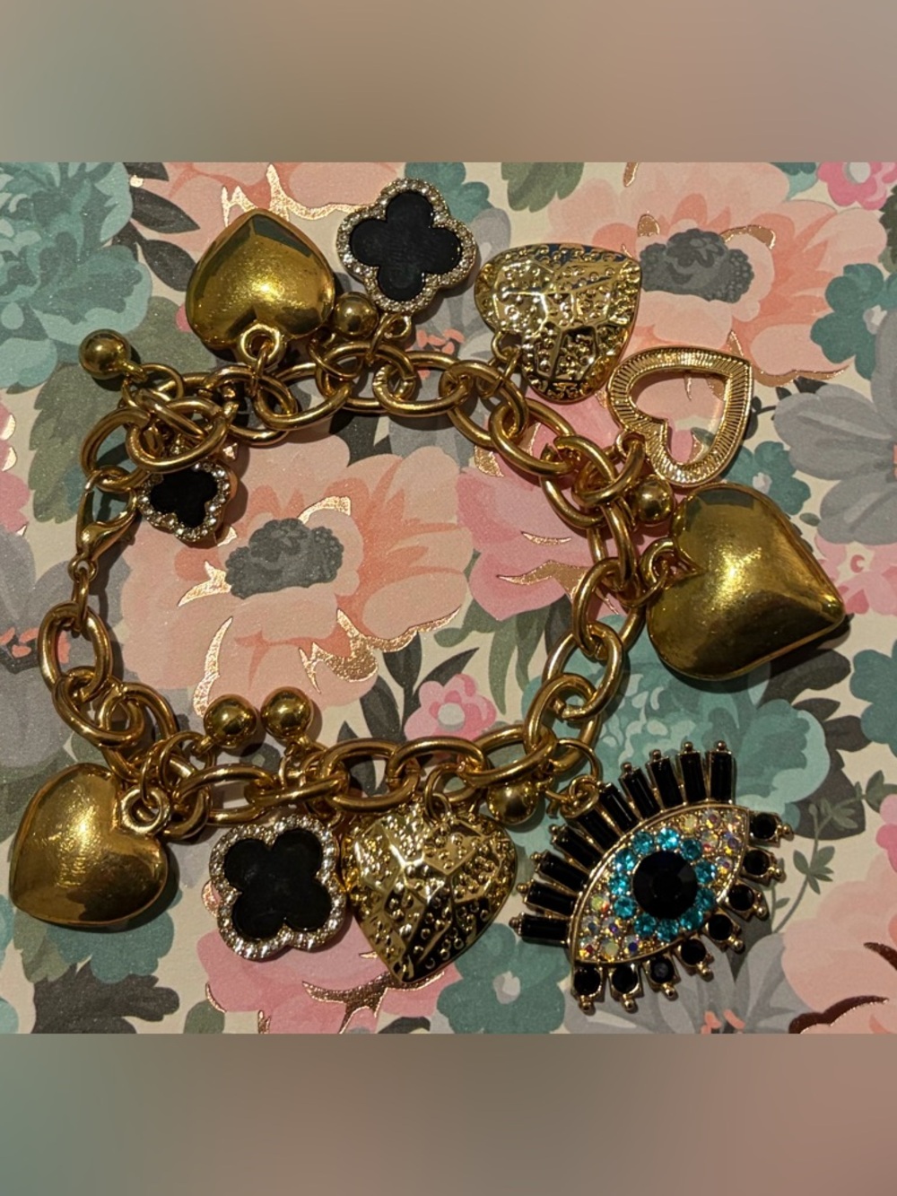 Handmade Gold-Tone Heart & Eye Charm Bracelet with Black and Turquoise Accents